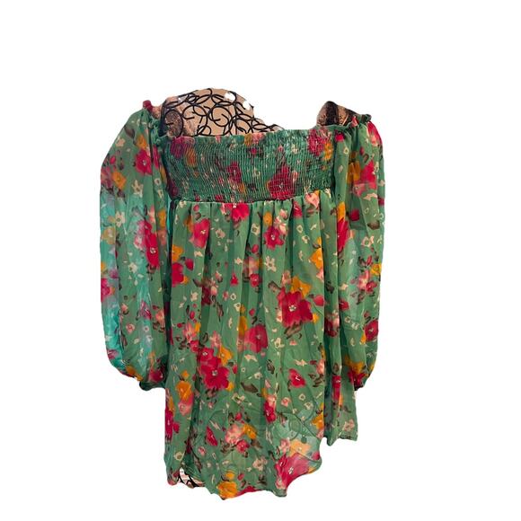 Basically Me Size MED Green Chiffon Floral Off The Shoulder Mini Cottage Fairy - Picture 3 of 8